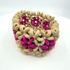 Vintage Bohemian Cream Hot Pink Woven Wood Bead Wide Stretch Cuff Bracelet
